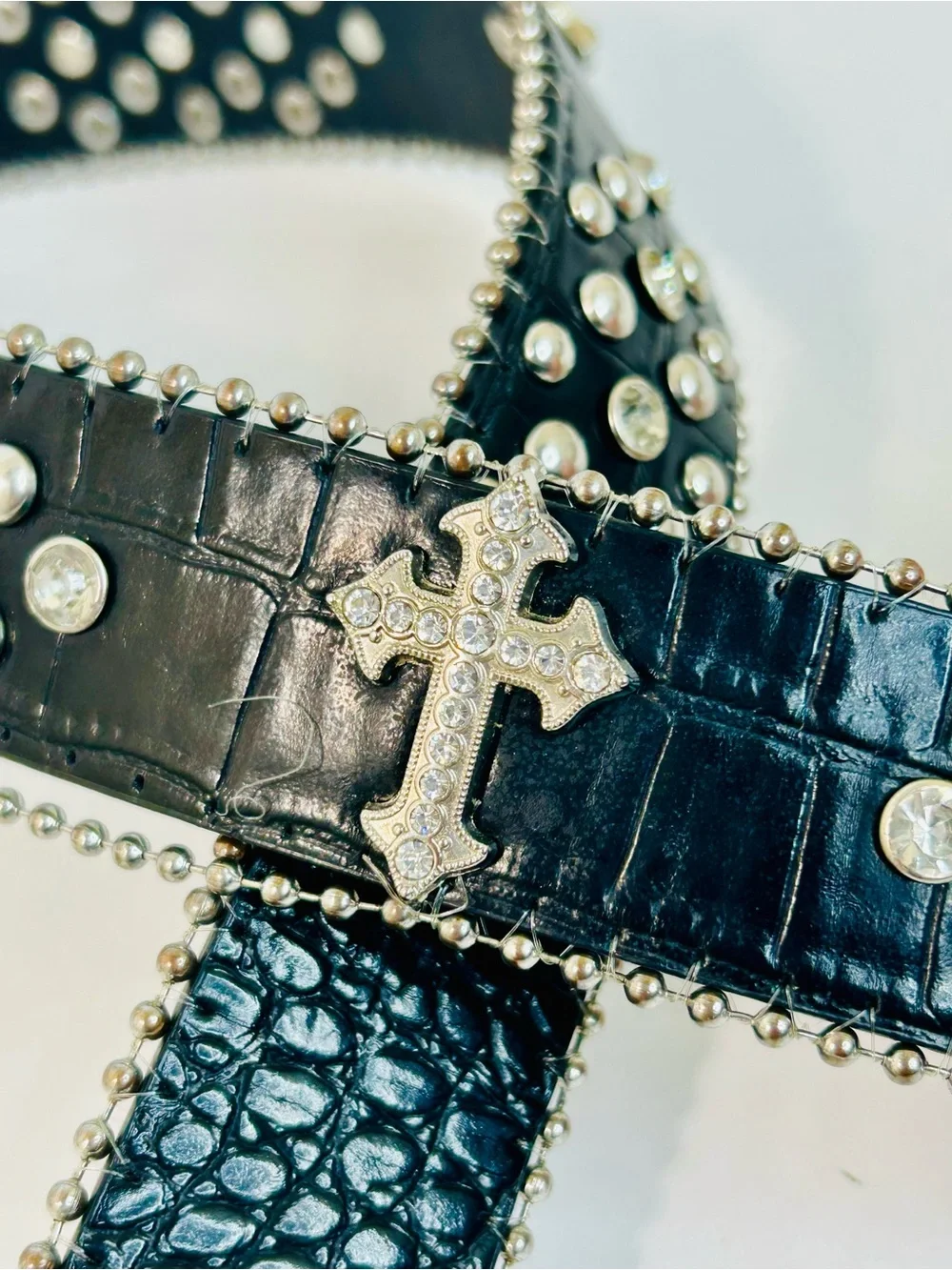 Western Black Leather Belt with Crystal Studded Rhinestones, Engraved Buckke